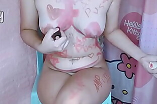Asian girl drawing on her naked body with lipstick 10 min