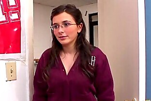 Pretty girl with glasses gets fucked ard and left with cum on her big perky tits