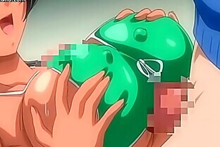 Busty anime teen in sexy swimsuit jizzed