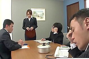 Sexy Asian office girl blows her coworkers
