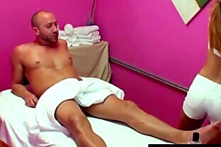 Blonde asian masseur sucking his cock
