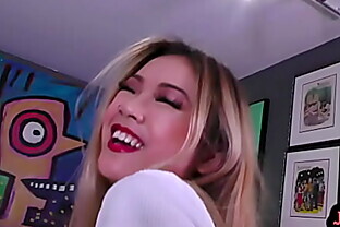 POV pierced Asian babe rides cock after Hitachi toying