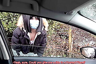 Partying slut picked up by a stranger and let him fuck her in his car on the road without condom.