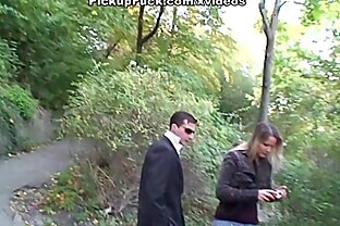 Blonde babe does blowjob in the forest