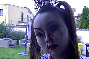Asian college slut 3way fucked 4 Halloween by 2 fellows