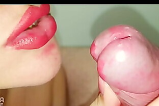 CLOSE UP red big LIPS cum in mouth