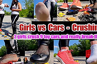 2 girls crushes crush 9 toy cars and really break them, kicked, trampled, crushed, smashed, crushed, broken plastic car they jump, jump, crash the cars destroyed, kicked, trampled, crushed, smashed, crushed, broken plastic car