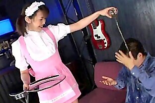 Maid uses her high heels to up a feeble man