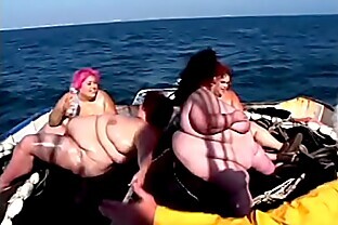 Four dirty BBW lifeguards fuck each other on the deck with toys on the boat