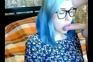 Nerdy big-titties blue hair girlfriend giving head