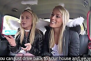 Two blonde angels sharing cock in fake taxi