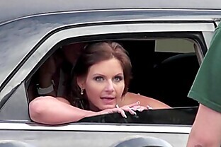 Pair of Brazzers girls drive around in a limo and chat while fucking